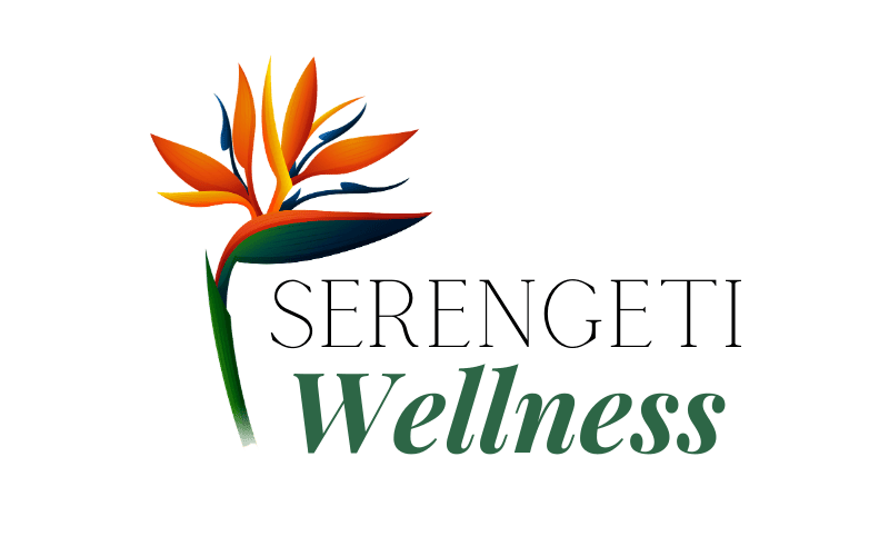 Floral design of a bird of paradise showcasing "Serengeti Wellness" for mental health services and therapy sessions.